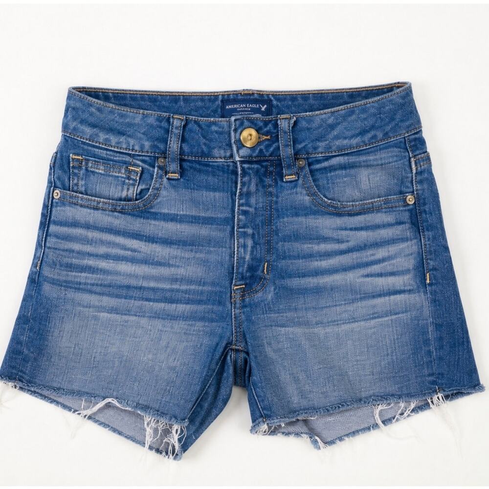 American Eagle Low Rise Shortie Denim Shorts | Frayed Raw Hem | Size 00